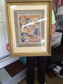 Embroidered Flower Art on Silk Fabric. Gold Frame.
