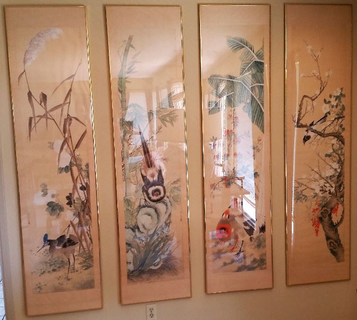 Large set of 4 gorgeous Asian watercolor paintings.