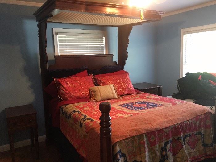 Mahogany queen-sized poster bed with Beautyrest mattress and Ralph Lauren sheets/comforter. The top canopy can be removed.