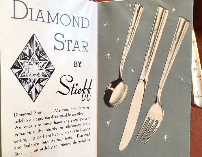 Five-piece setting for 8 Stieff Diamond Star sterling flatware is offered