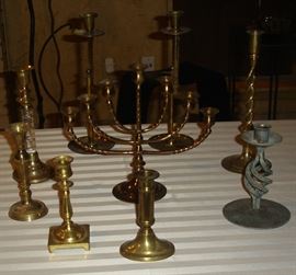 Brass menorah, candlesticks