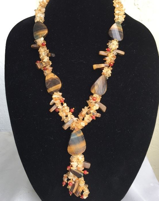 Lariat style tiger eye necklace, embellished with amber crystals