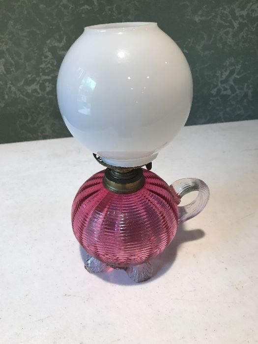 Antique Cranberry Miniature Threaded Glass  Finger Lamp