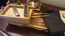 Vintage Suzuri Bako Sumi Set Japanese Calligraphy, Bamboo Brushes, Ink Stinks, Water Stone, Folding Wooden Box
