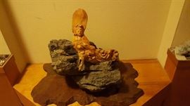 Oriental Wooden Hand Carved Lady Figurine on Solid Rock