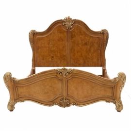 Henredon King Bed Frame: A Henredon king size bed frame, in hardwood with ornate carved accents. Includes a high-back headboard, footboard, two side rails, and slats. It matches with the cabinet in lot 134 of this sale.