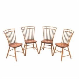 Four Hagerty Cohasset Colonial Windsor Chairs: A vintage set of four “Hagerty Cohasset Colonials” birdcage Windsor-style chairs in maple. Stamped “Cohasset Coloinials original in Harrison G Otis House by Hagerty Chohasset, Massachusetts” to the underside. Offering a handsome profile with mortise and tenon joinery and incised details.