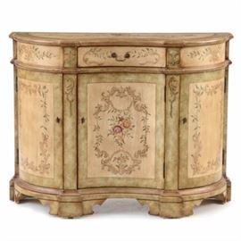 Italian Style Painted Console Cabinet: A classically painted, Italian style console / buffet, having a center drawer, over three cabinet doors and a molded base.