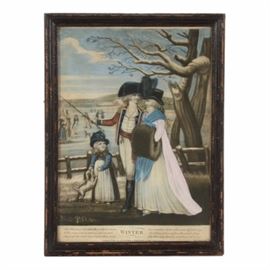 Antique 1794 Mezzotint with Hand-coloring: An antique late 18th-century mezzotint with hand-coloring titled Winter, published in 1794 by Laurie & Whittle in London for poet James Thomson’s collection of poems titled The Seasons. The title is printed to the lower margin of the print and is accompanied by text from the short poem, “On blithesome frolics bent, the youthful swains, While ev’ry work of man is laid at rest, Fond o’er the river crowd, & as they sweep On sounding skates a thousand diff’rent ways, In circling poise, swift as the winds along, The then gay land is madden’d all to joy.” The image depicts a woman, man, puppy and child, bundled up for the cold, standing on the outskirts of a frozen lake, watching others skate. This work is mounted behind antique hand-rolled glass in an antique wood frame with a black painted finish.