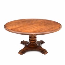 Henredon French Provincial Style Dining Table and Six Chairs: A French Provincial style dining table and six side chairs, by Henredon, having a distressed fruitwood finish. The round table has a beaded border, over a heavy turned pedestal, on plinth base with four bracket feet. The tall backed chairs have three rails, over green plaid seats and cabriole legs with stretchers.