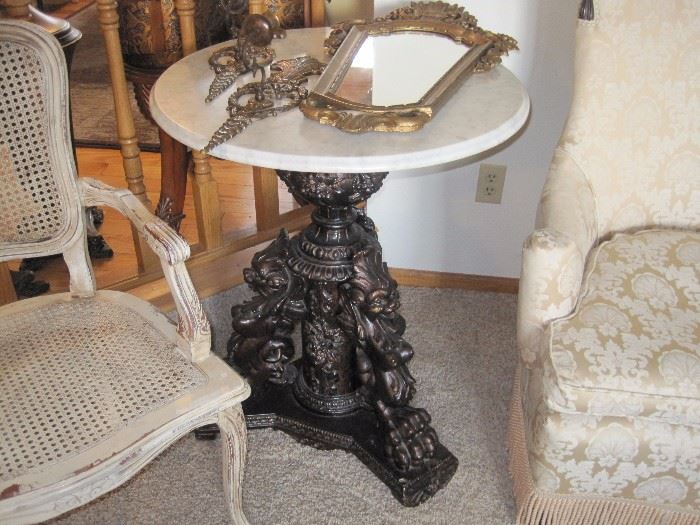 Marble topped & carved Asian pedestal table.