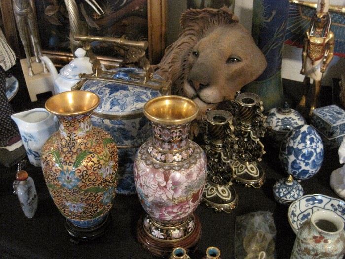 Treasures from world travels. Rick Cain Lion. Egyptian Items.  Cloisonne items.