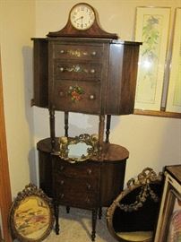 Sewing cabinets. Mantle clock. Ornate mirrors.