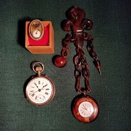 Ring watch (key wind), Calendar pocket watch, & 19th century chatelaine with watch, key & glove darning ball