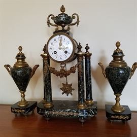French marble and ormolu bronze clock garniture set in working order