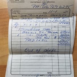 Original receipt fo the purchase of the Scandiline chair and sofa, dated November 1, 1971.