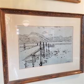 Leo Deck (Swiss, 1908-1997) watercolor on grey paper of a Swiss lake scene