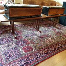 Coffee table, the music boxes, and a newer oriental rug in wonderful condition