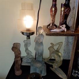Frosted glass female figure items including great boudoir lamp.  Note...kneeling nude to the right is Lucite, not glass