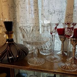 Mid-century glass decanter, Waterford, Rogasky crystal candlesticks