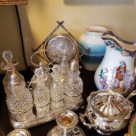 Cut glass castor set, Silverplate dinner gong, "Prince Charley" Staffordshire transfer pitcher, Silverplate jam jar, etc.