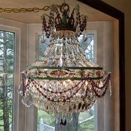 Beautiful crystal chandelier.  We believe this to be Czech glass, Ca. 1930..  Note the amethyst accent colors.