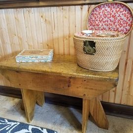 Primitive small bench, Fitted tea set in wicker hamper