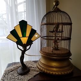 Art Deco style stained glass lamp.  Singing Bird in cage automaton (sings and the bird moves).