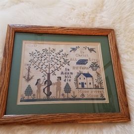 Adam & Eve cross stitch.  Appears to be 19th Century, but undated.  Later frame
