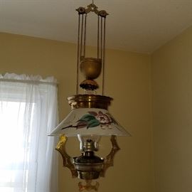 Pull-down hanging oil lamp, ca. 1880.