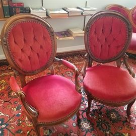 Medallion back "Mr" & "Mrs" Victorian parlor chairs with tufted backs.
