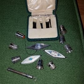 Sterling sewing items including enameled sterling tatting shuttles