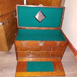One of the tool chests open to show the small drawers.  The Huntleys used these to store Mrs. Huntley's jewelry and Dr. Huntley's collection of watches.