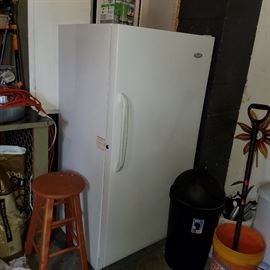"Wood" brand Freezer.  NOTE:  screws holding the door on have gone missing.  We've used some non-matching screws just to hold the door in place.  