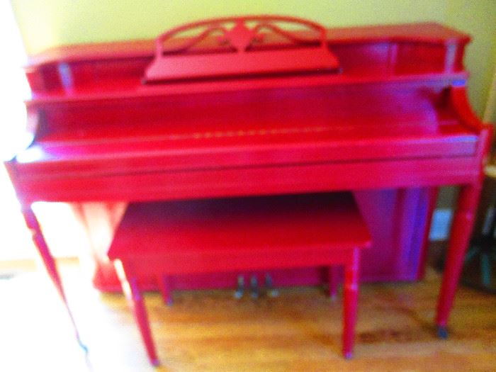 Red upright piano w/bench