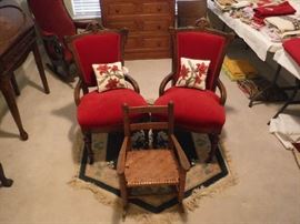 Early 19'00s sitting chairs and one of 2 children's old rockers