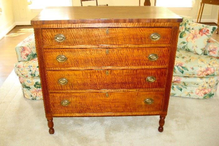 Sheraton period tiger maple chest of drawers. C-1820, replaced brasses.