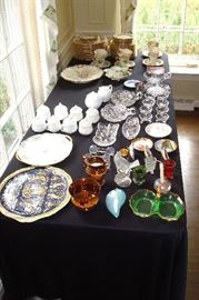 Cut and colored glass, hand painted china, lenox Christmas china and etc,