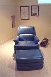 Blue leather leather recliner and ottoman.
