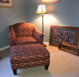 Nice occasional chair, soft cloth material (burgundy and golds), with matching ottoman 