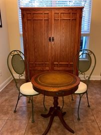 Pair of Green Wrought Iron Chairs, Vintage Round Table, Mission Oak Finish Office/Desk

