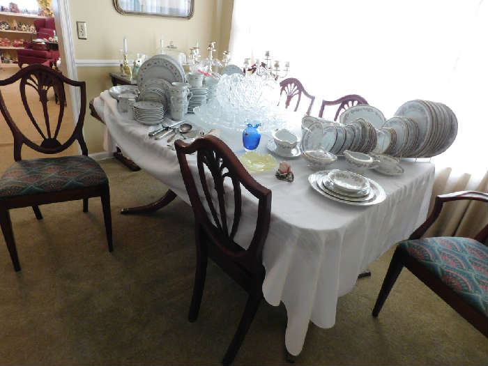 Mahogany Dining Table, 6 Shield back Chairs, Noritake China, Pattern Glass Punch Bowl-12 cups-Underplate