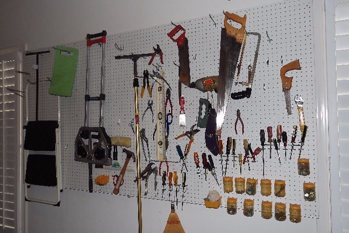 Garage items and assorted hand tools
