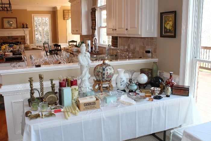 Brass candlesticks, trinket boxes, porcelain urns, porcelain statues, brass serving dish, and more!