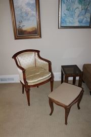 Upholstered chair, caned ottoman/small bench