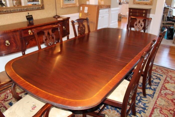 Henkel Harris Mahogany Duncan Phyfe Style Double Pedestal Dining Table, Two (2) Leaves, & Six (6) Chippendale Style Chairs. 8' x 10' rug. 
