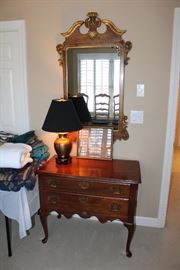 Two-drawer chest, brass lamp, Italian gilt hanging mirror 