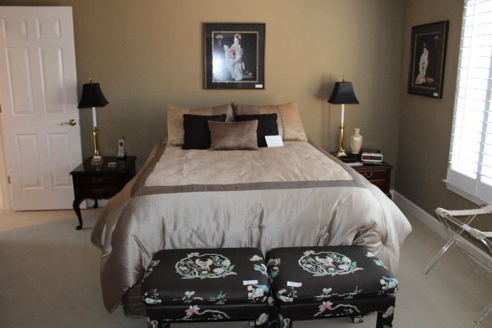 Queen sized bed, Henkel Harris Mahogany Nightstands (2), Upholstered benches (2), Candlestick accent lamps (2)