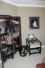 4-panel double-sided asian-themed screen, asian drum stool,  Pearson chair, asian themed art