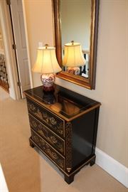 Baker Asian-themed painted 3-drawer chest, lamp, hanging mirror